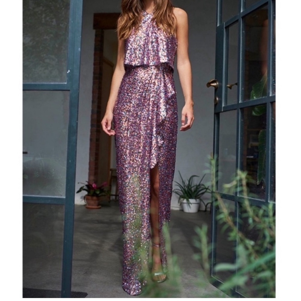 Monique lhuillier multicolored sequin halter gown